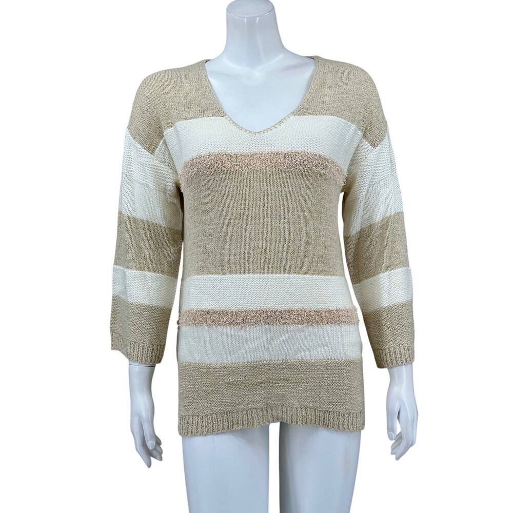 Soft Surroundings Sweater Womens Small Tan Blush Eyelash Ribbon Knit Striped‎